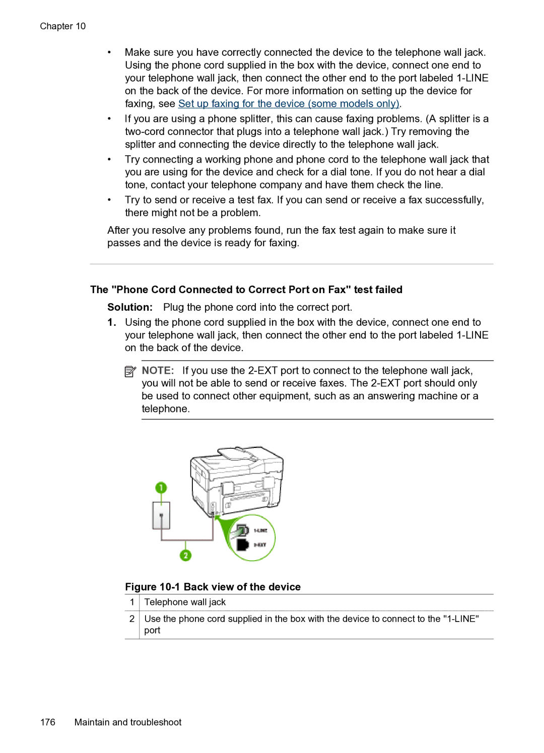 HP PRO L7500 manual Phone Cord Connected to Correct Port on Fax test failed, Back view of the device 