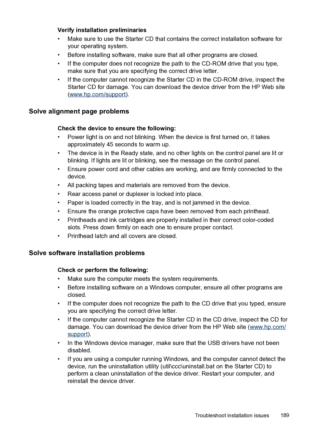 HP PRO L7500 manual Solve alignment page problems, Solve software installation problems, Verify installation preliminaries 