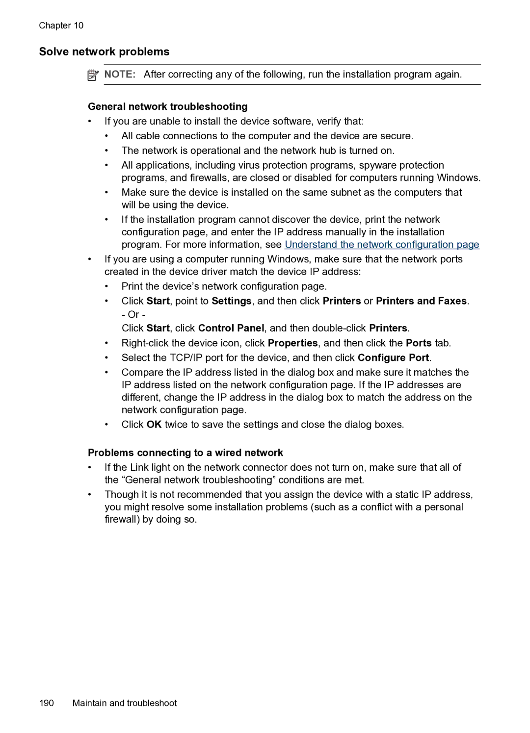 HP PRO L7500 manual Solve network problems, General network troubleshooting, Problems connecting to a wired network 