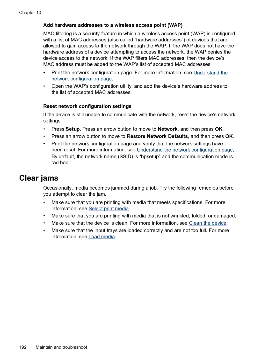 HP PRO L7500 manual Clear jams, Add hardware addresses to a wireless access point WAP, Reset network configuration settings 