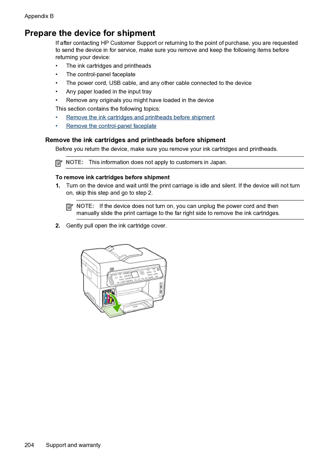 HP PRO L7500 manual Prepare the device for shipment, Remove the ink cartridges and printheads before shipment 