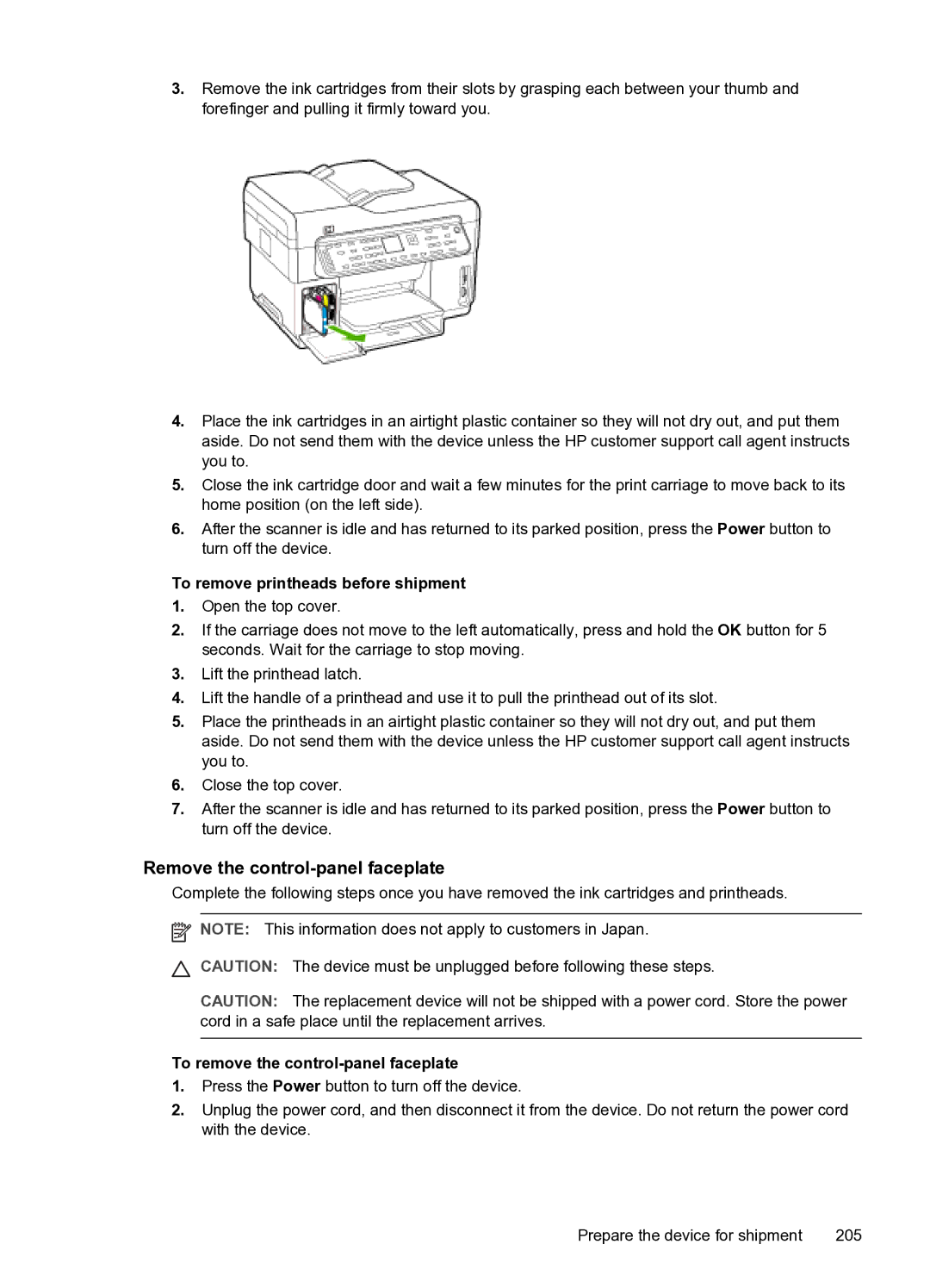 HP PRO L7500 manual Remove the control-panel faceplate, To remove printheads before shipment 