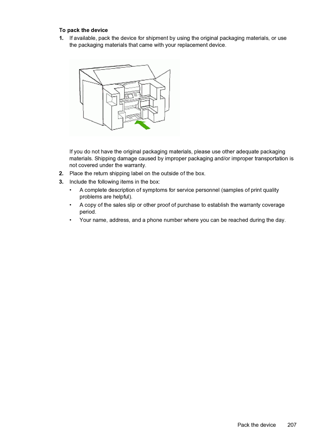 HP PRO L7500 manual To pack the device 