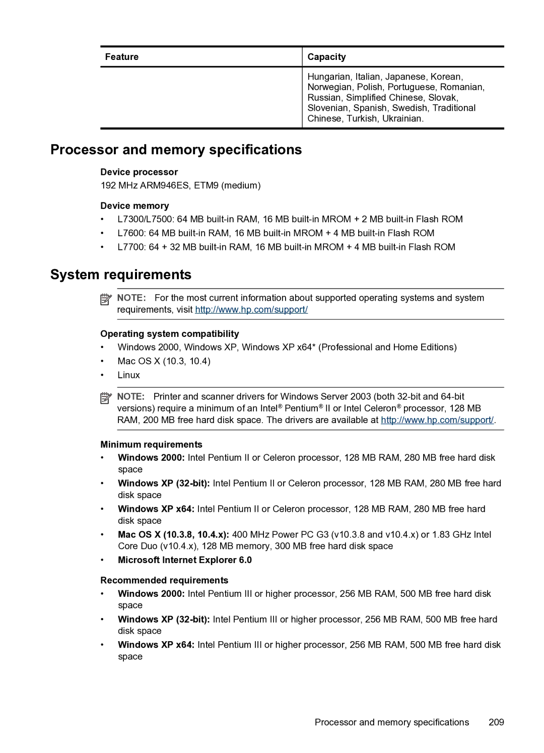 HP PRO L7500 manual Processor and memory specifications, System requirements 