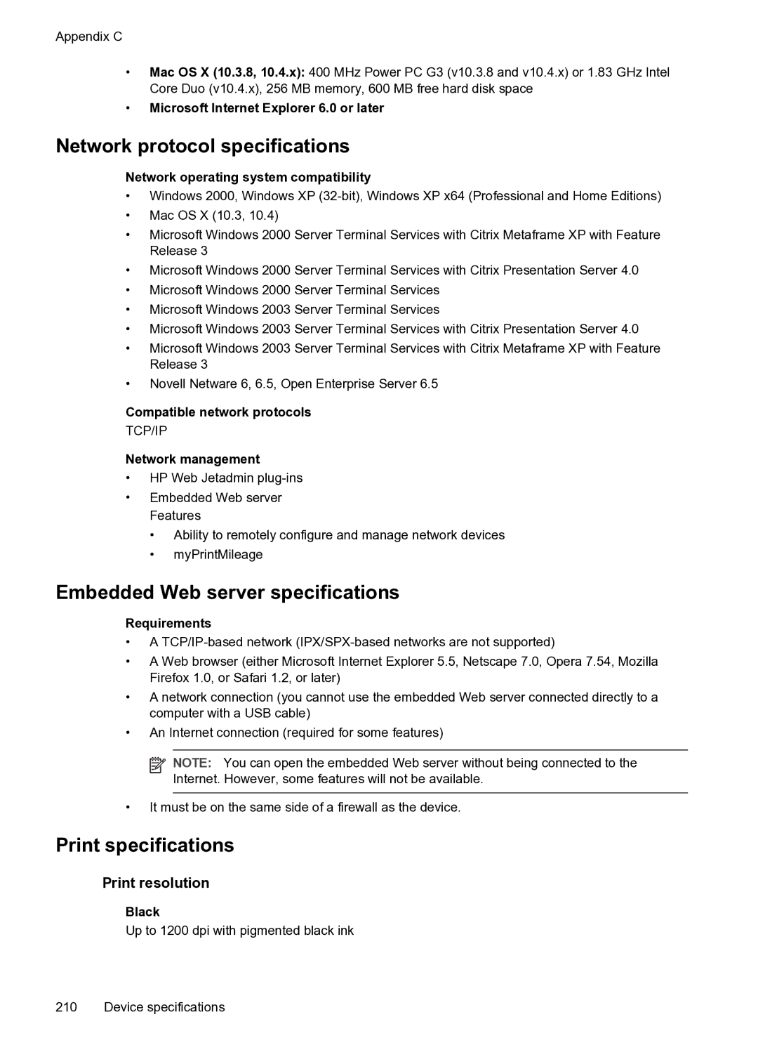 HP PRO L7500 Network protocol specifications, Embedded Web server specifications, Print specifications, Print resolution 