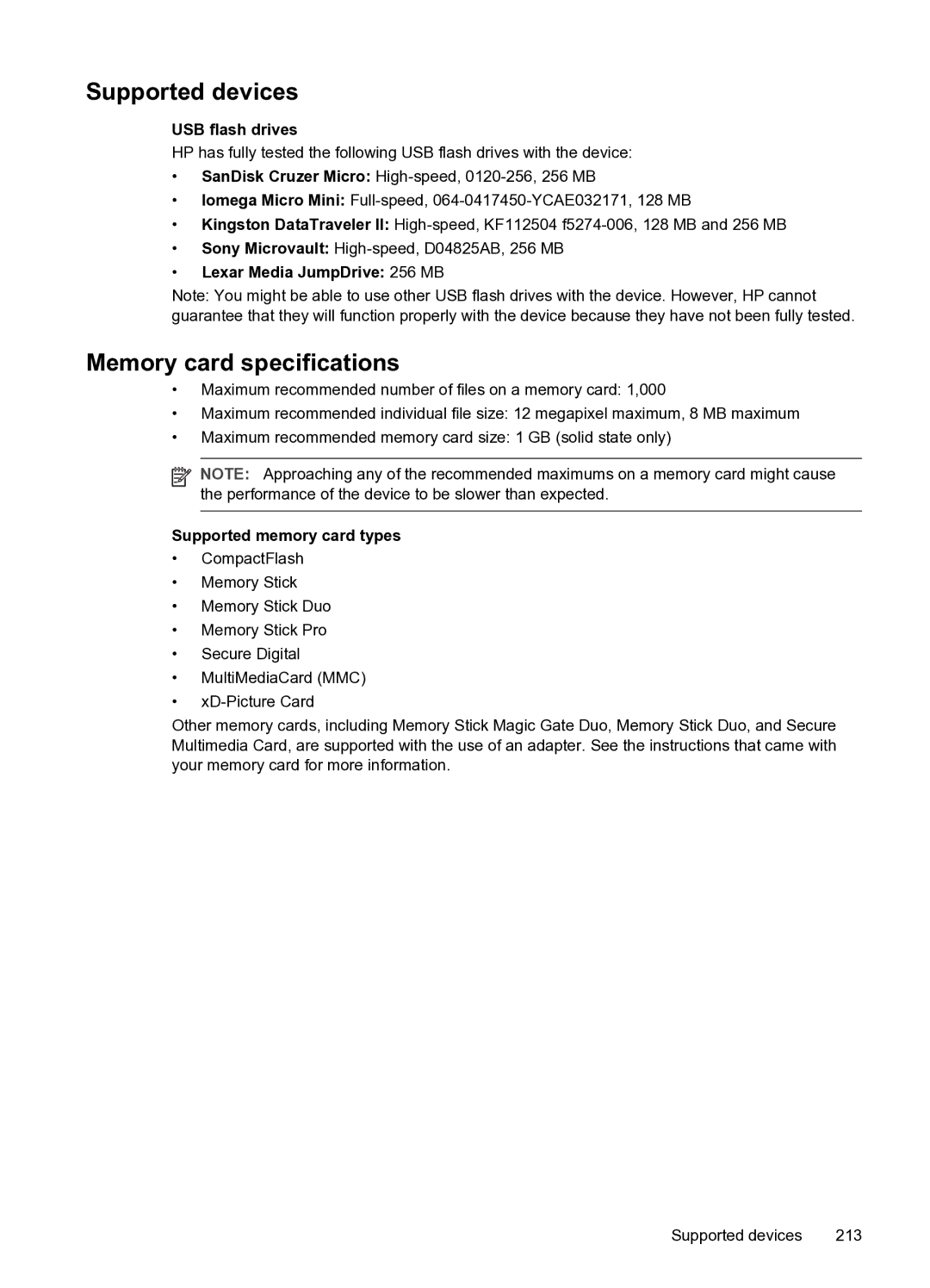 HP PRO L7500 manual Supported devices, Memory card specifications, USB flash drives, Lexar Media JumpDrive 256 MB 