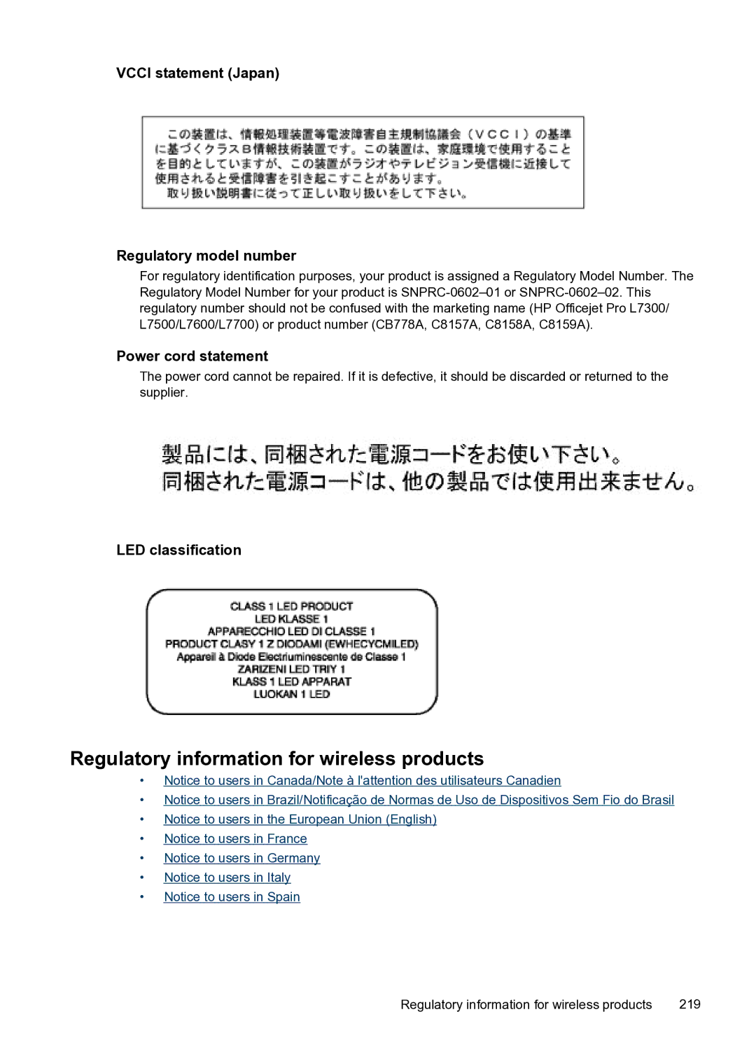 HP PRO L7500 manual Regulatory information for wireless products, Vcci statement Japan Regulatory model number 