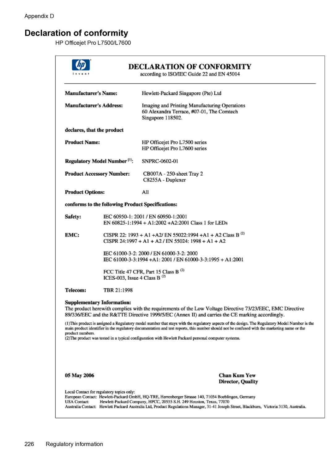 HP PRO L7500 manual Declaration of conformity 