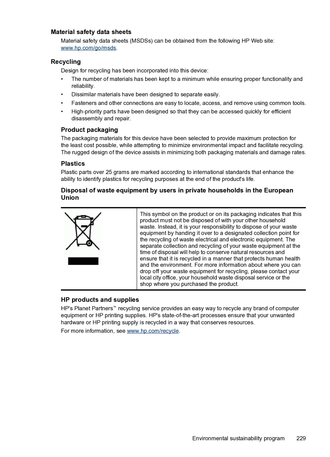 HP PRO L7500 manual Material safety data sheets Recycling, Product packaging, Plastics, HP products and supplies 