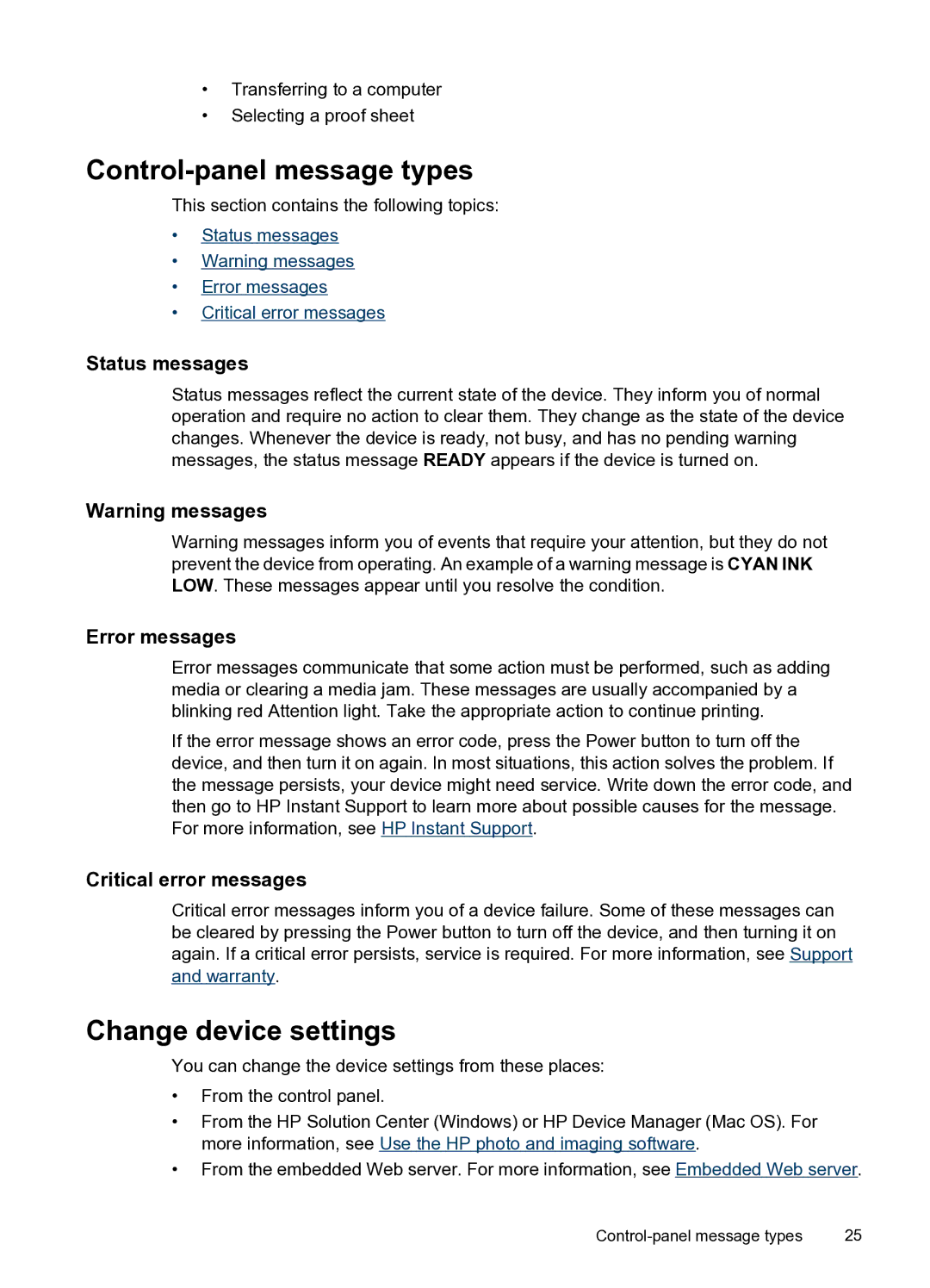 HP PRO L7500 Control-panel message types, Change device settings, Status messages, Error messages, Critical error messages 