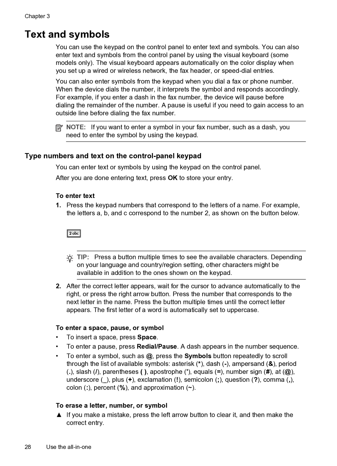 HP PRO L7500 manual Text and symbols, Type numbers and text on the control-panel keypad, To enter text 