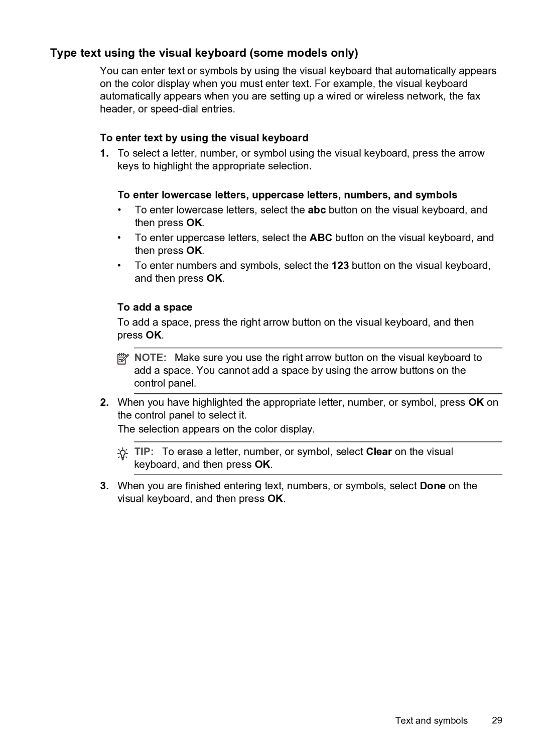 HP PRO L7500 manual Type text using the visual keyboard some models only, To enter text by using the visual keyboard 