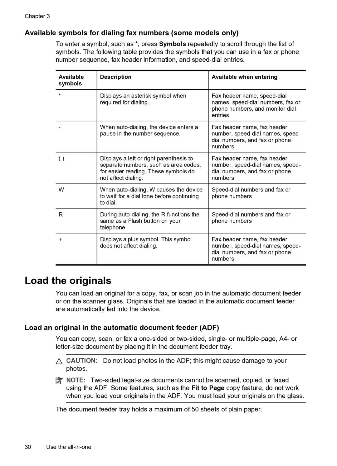 HP PRO L7500 Load the originals, Available symbols for dialing fax numbers some models only, Available Description symbols 