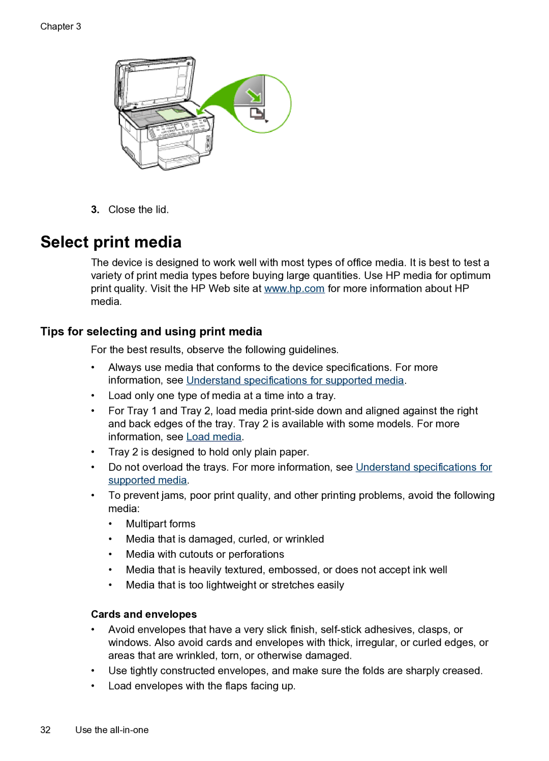 HP PRO L7500 manual Select print media, Tips for selecting and using print media, Cards and envelopes 