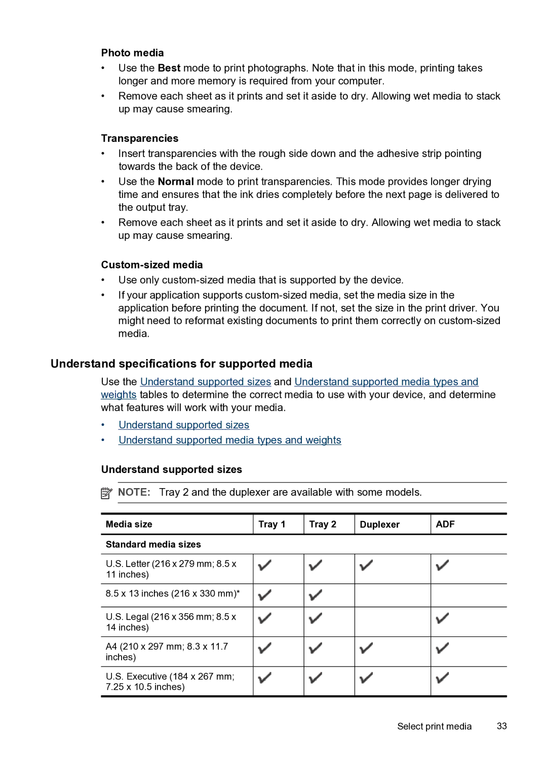 HP PRO L7500 manual Understand specifications for supported media, Photo media, Transparencies, Custom-sized media 