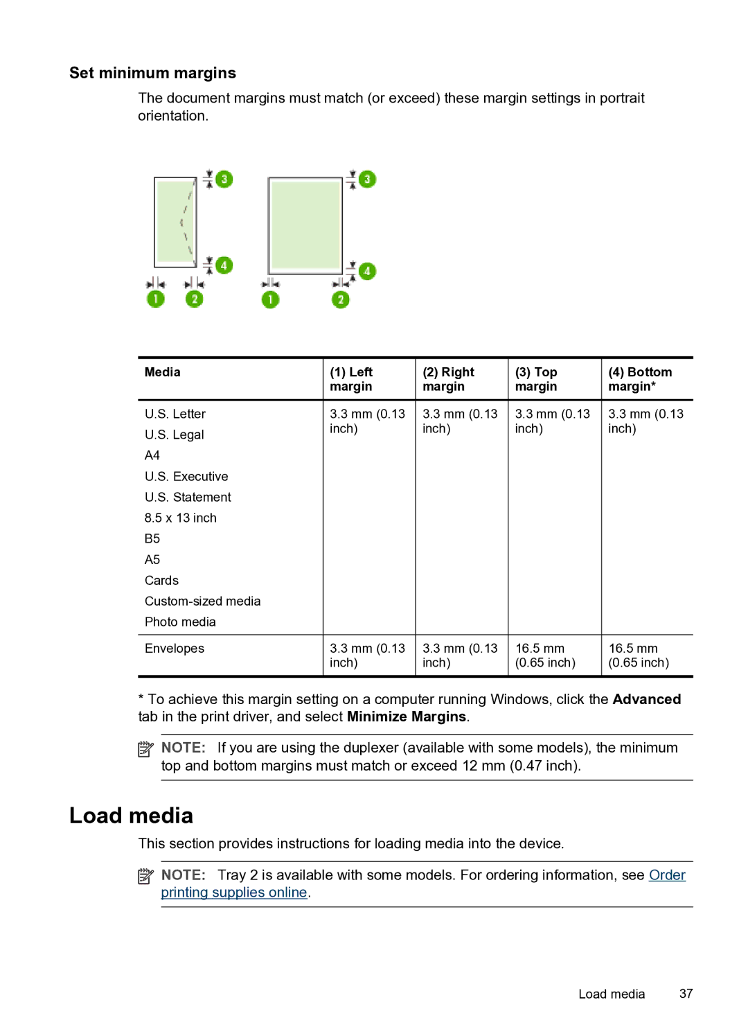 HP PRO L7500 manual Load media, Set minimum margins, Media Left Right Top Bottom Margin 