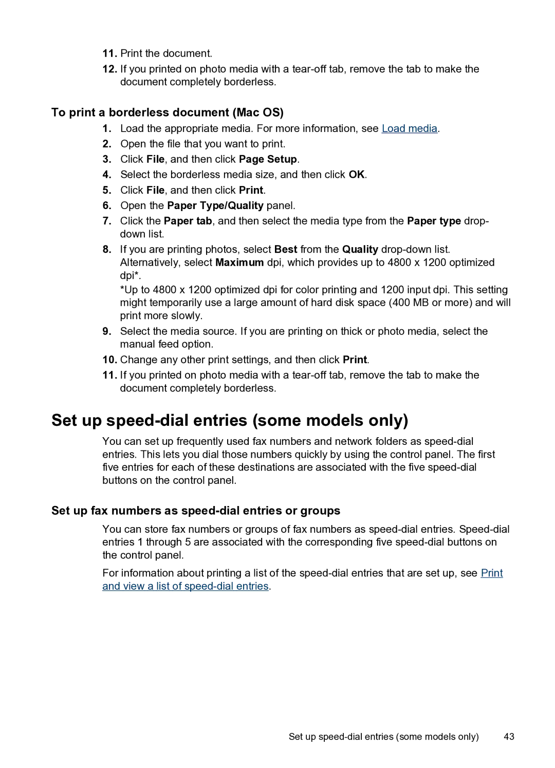 HP PRO L7500 manual Set up speed-dial entries some models only, To print a borderless document Mac OS 