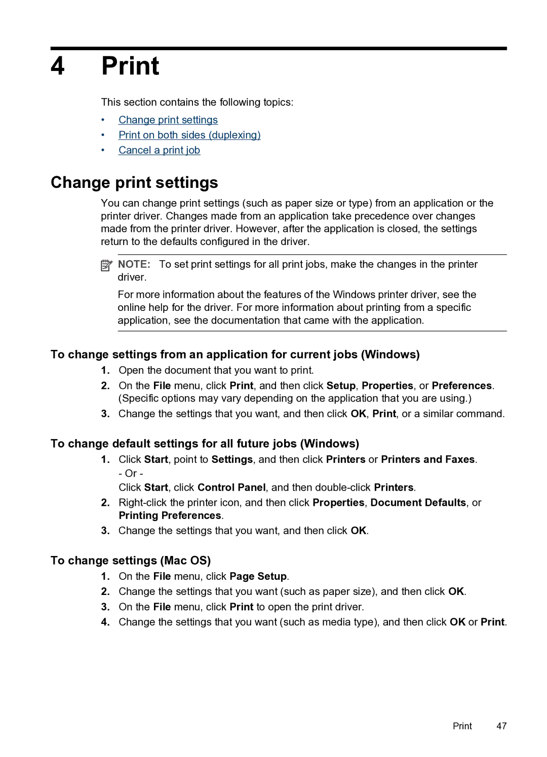 HP PRO L7500 manual Print, Change print settings, To change default settings for all future jobs Windows 