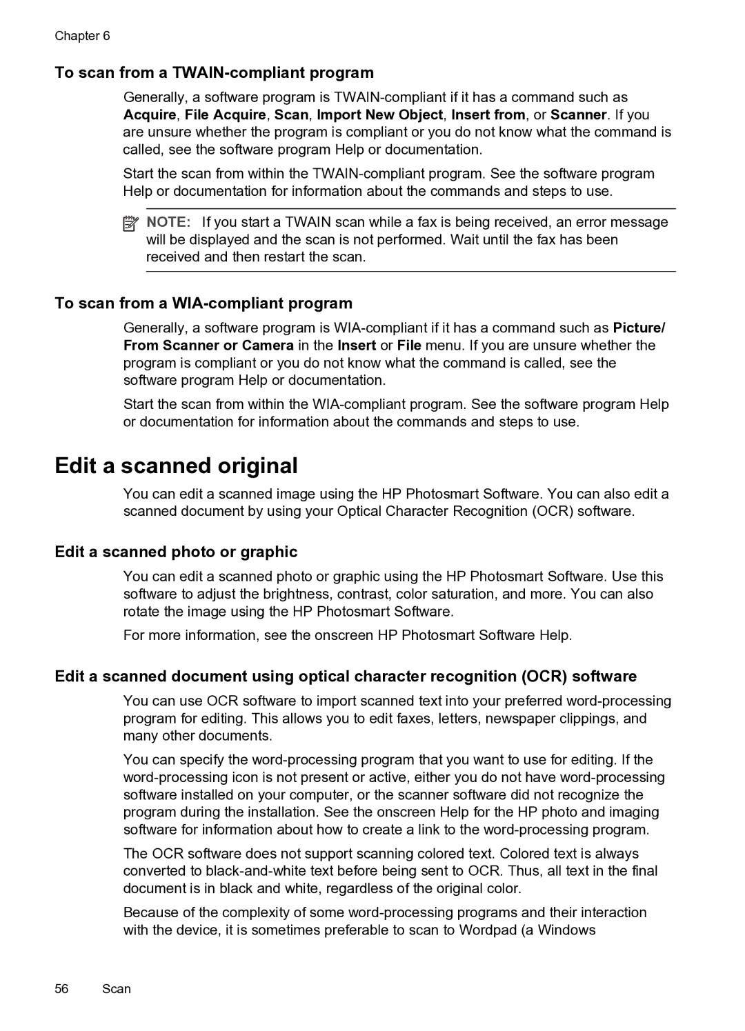 HP PRO L7500 manual Edit a scanned original, To scan from a TWAIN-compliant program, To scan from a WIA-compliant program 