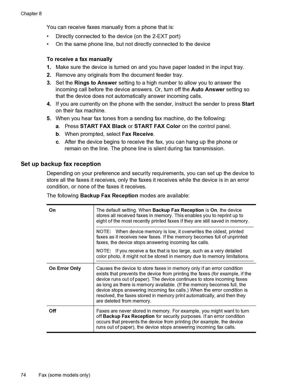 HP PRO L7500 Set up backup fax reception, To receive a fax manually, On Error Only, Off 