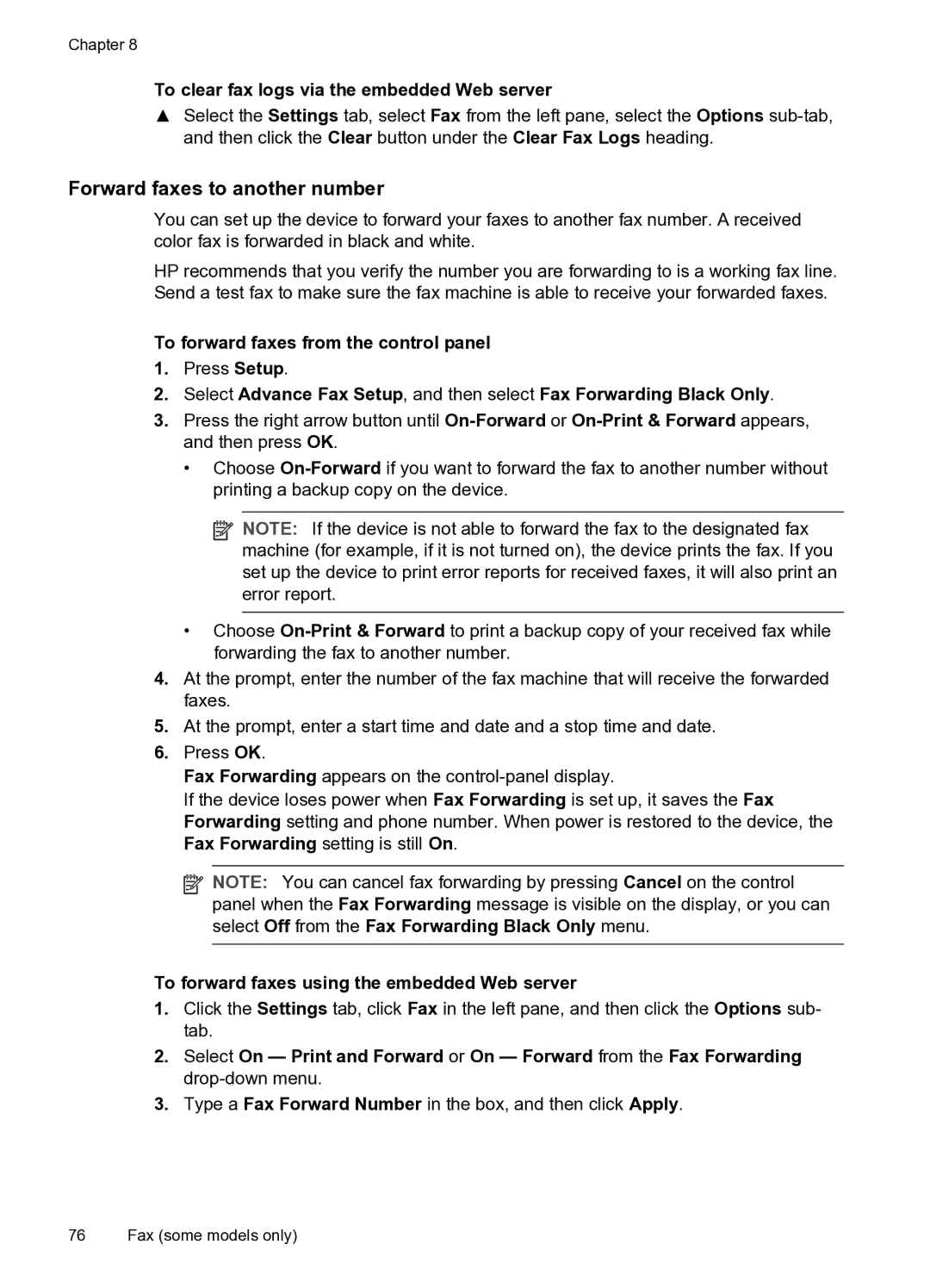 HP PRO L7500 manual Forward faxes to another number, To clear fax logs via the embedded Web server 