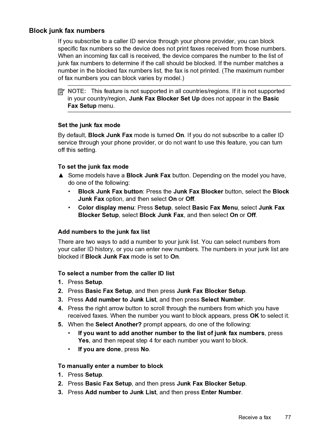 HP PRO L7500 manual Block junk fax numbers, Set the junk fax mode, To set the junk fax mode 