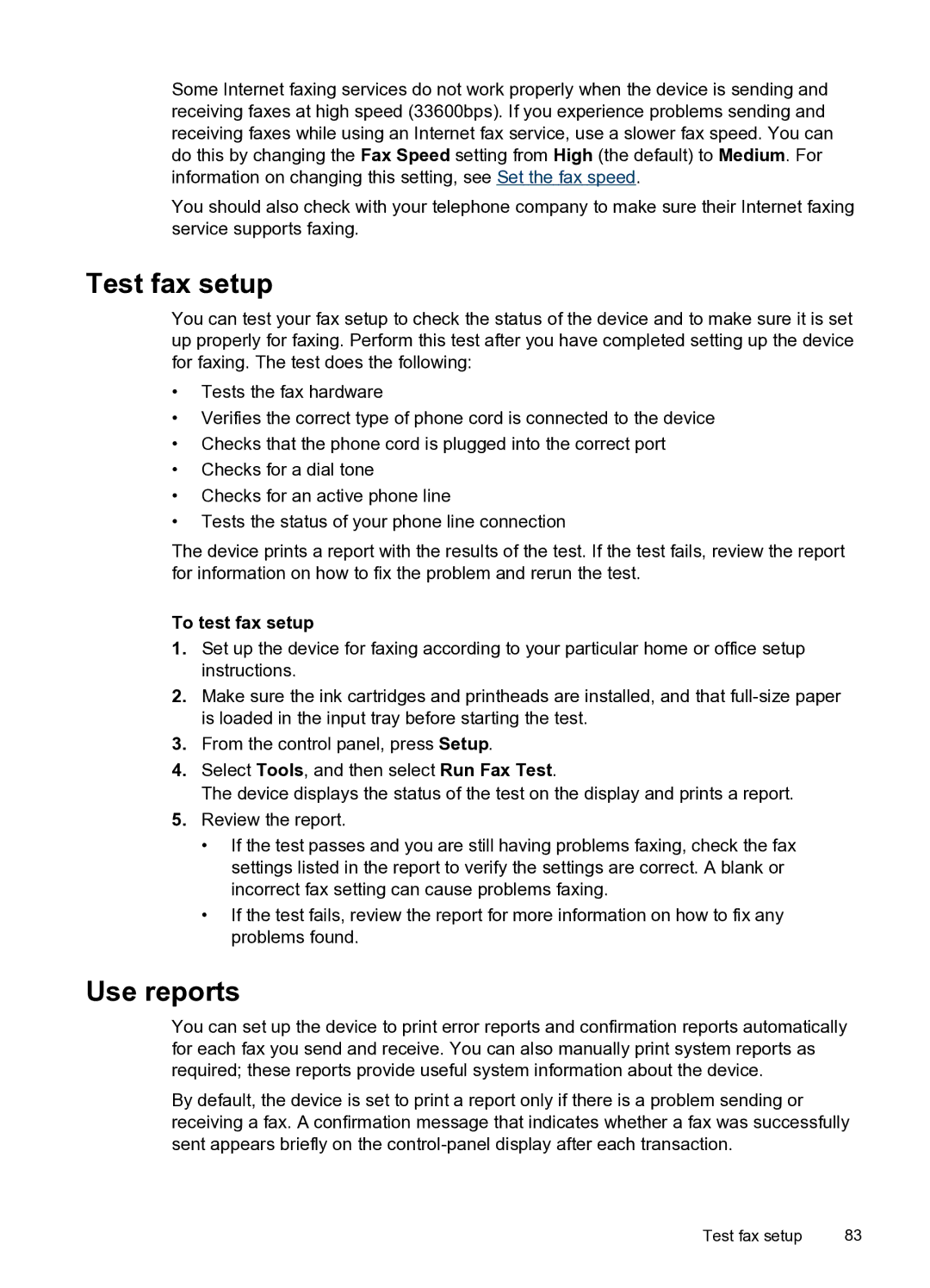 HP PRO L7500 manual Test fax setup, Use reports, To test fax setup 