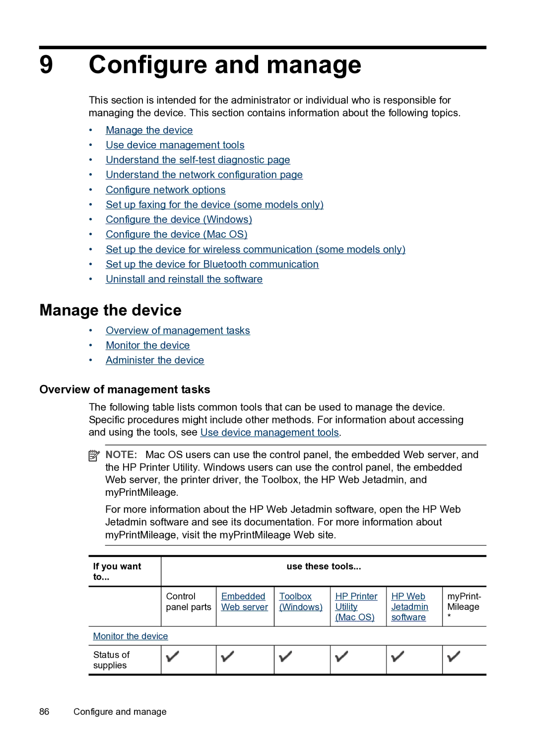 HP PRO L7500 manual Configure and manage, Manage the device, Overview of management tasks 