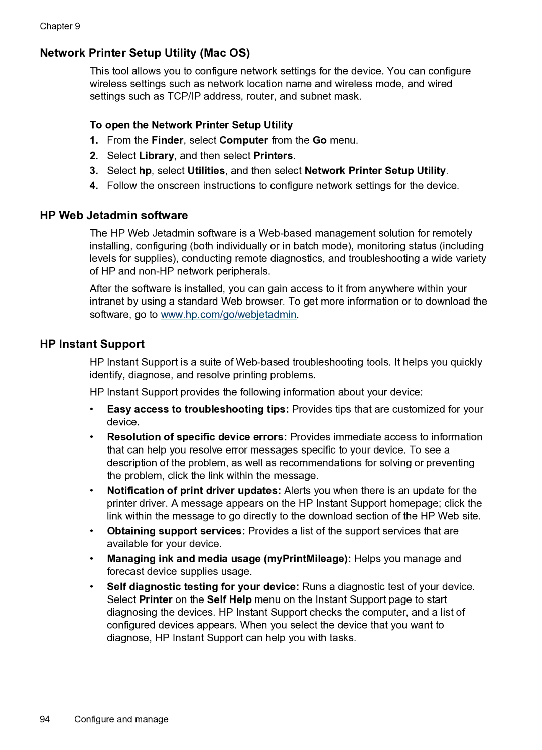 HP PRO L7500 manual Network Printer Setup Utility Mac OS, HP Web Jetadmin software, HP Instant Support 