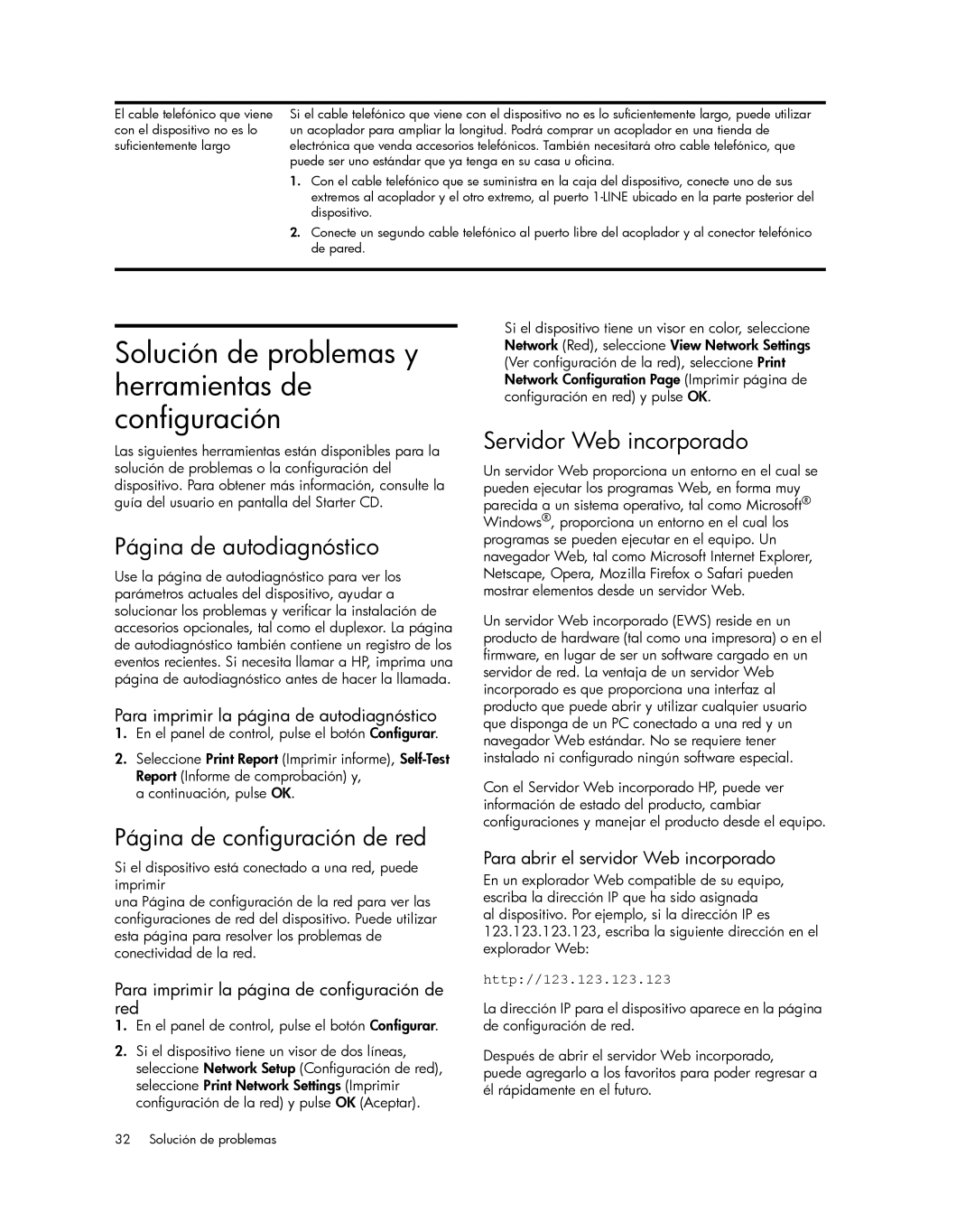 HP Pro L7650 Solución de problemas y herramientas de configuración, Página de autodiagnóstico, Servidor Web incorporado 