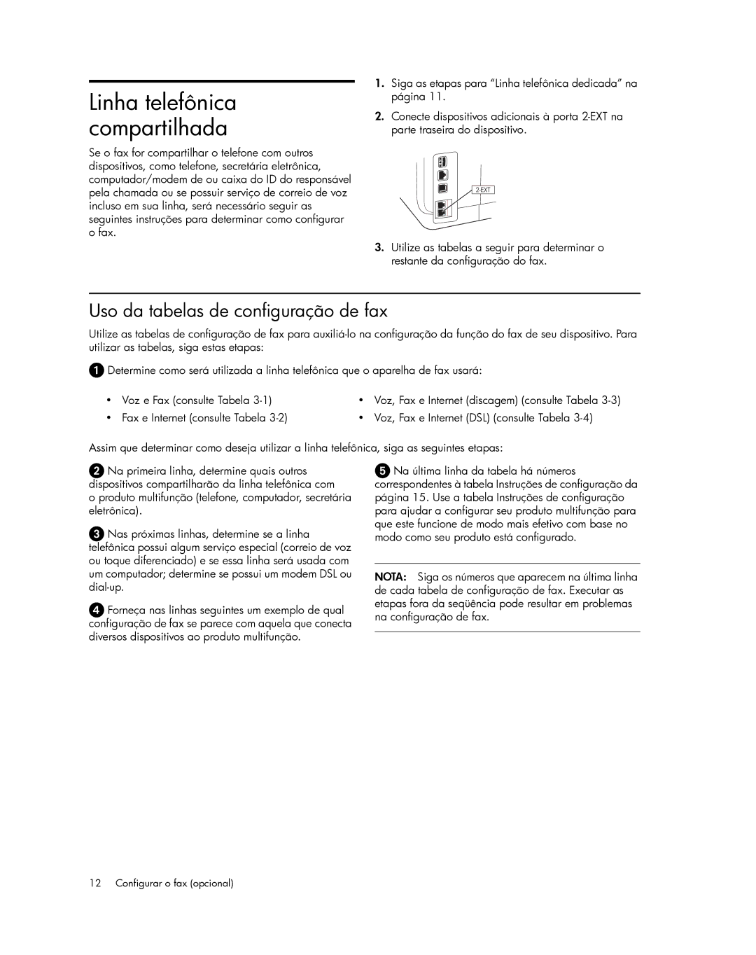 HP Pro L7650, Pro L7750, Pro L7680, Pro L7580 manual Linha telefônica compartilhada, Uso da tabelas de configuração de fax 