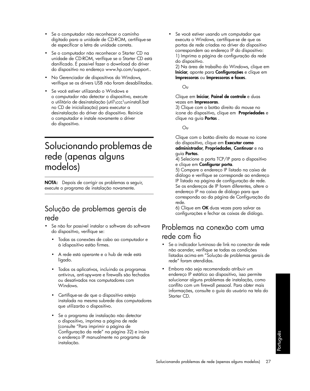 HP Pro L7580, Pro L7750 manual Solucionando problemas de rede apenas alguns modelos, Solução de problemas gerais de rede 