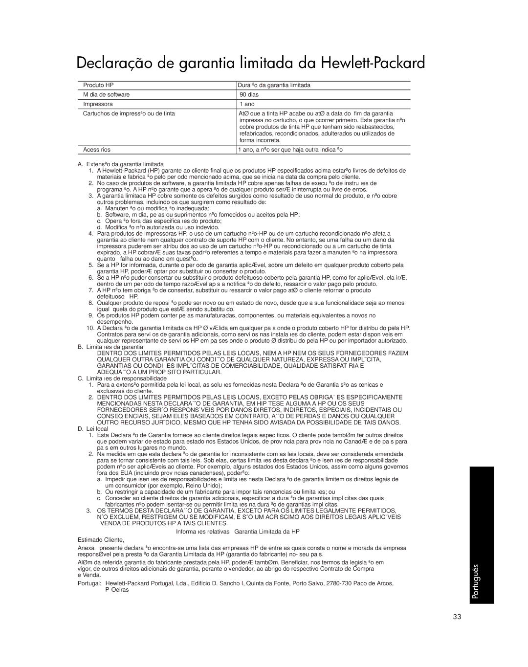 HP Pro L7650, Pro L7750 manual Declaração de garantia limitada da Hewlett-Packard, Produto HP Duração da garantia limitada 