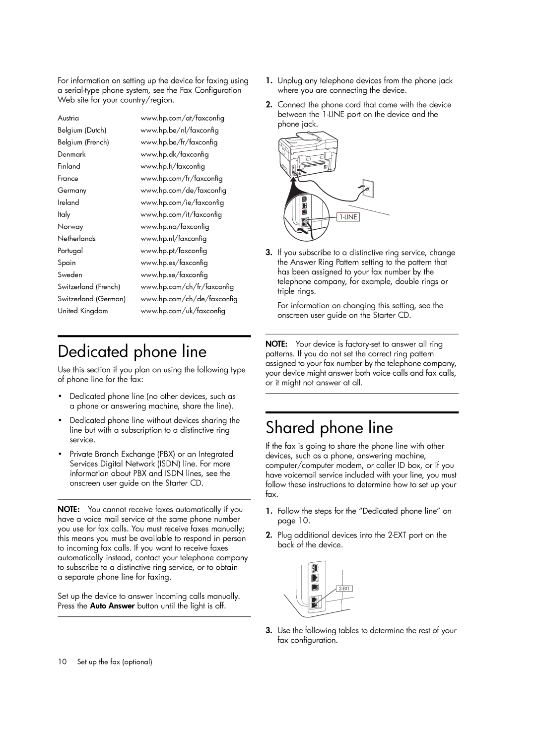 HP Pro L7750, Pro L7680, Pro L7650, Pro L7580, Pro L7780, Pro L7550, Pro L7590 manual Dedicated phone line, Shared phone line 