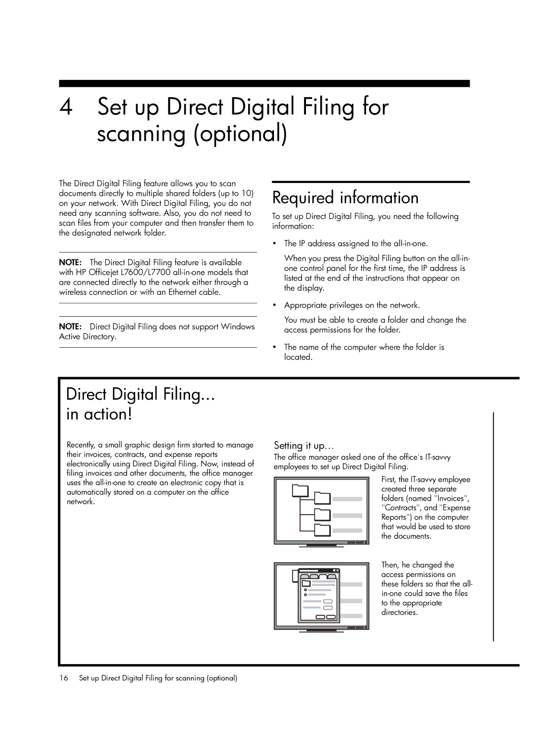 HP Pro L7590 manual Set up Direct Digital Filing for scanning optional, Required information, Direct Digital Filing Action 