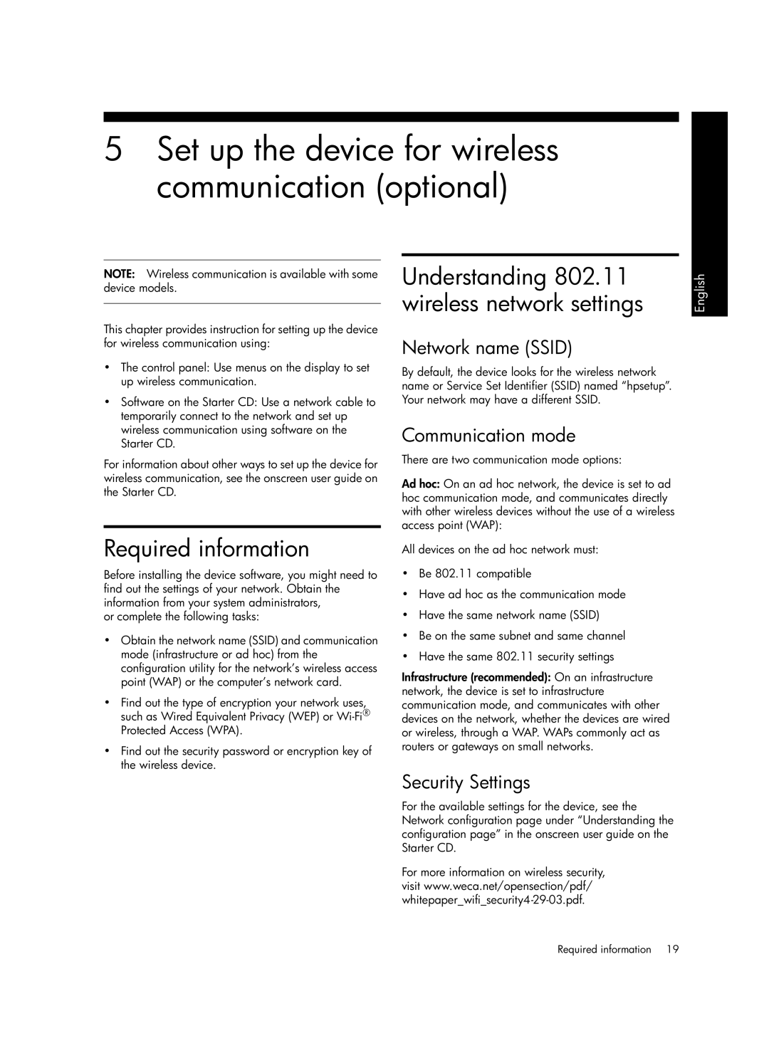 HP Pro L7650, Pro L7750, Pro L7680, Pro L7580, Pro L7780, Pro L7550 Network name Ssid, Communication mode, Security Settings 