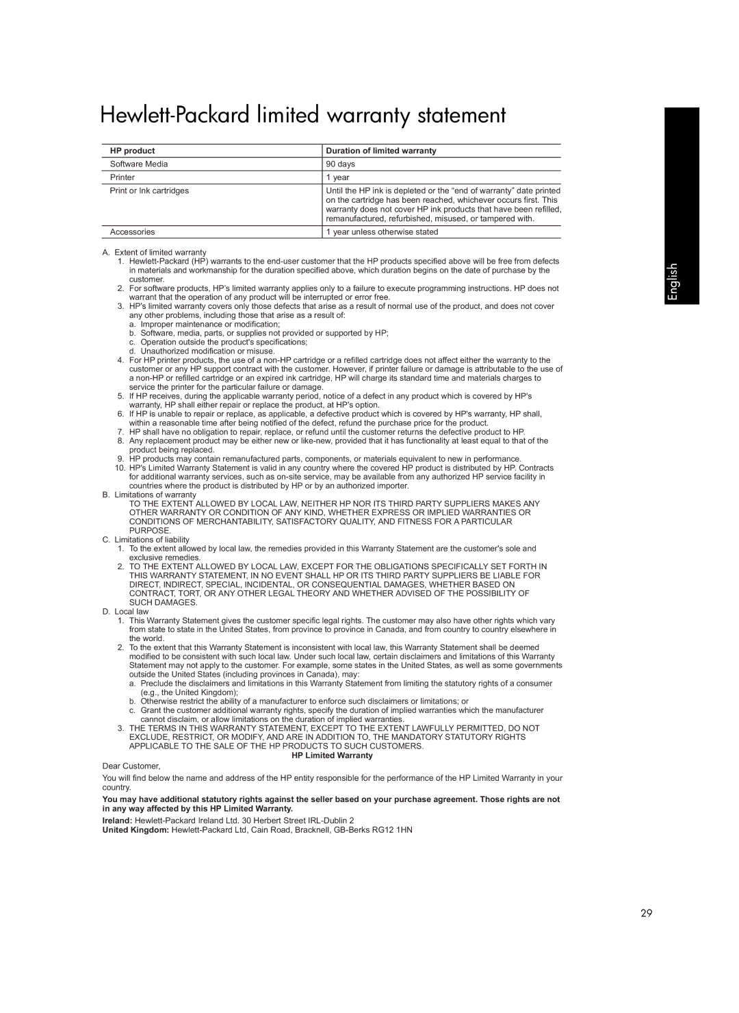 HP Pro L7550, Pro L7750, Pro L7680 manual Hewlett-Packard limited warranty statement, HP product Duration of limited warranty 