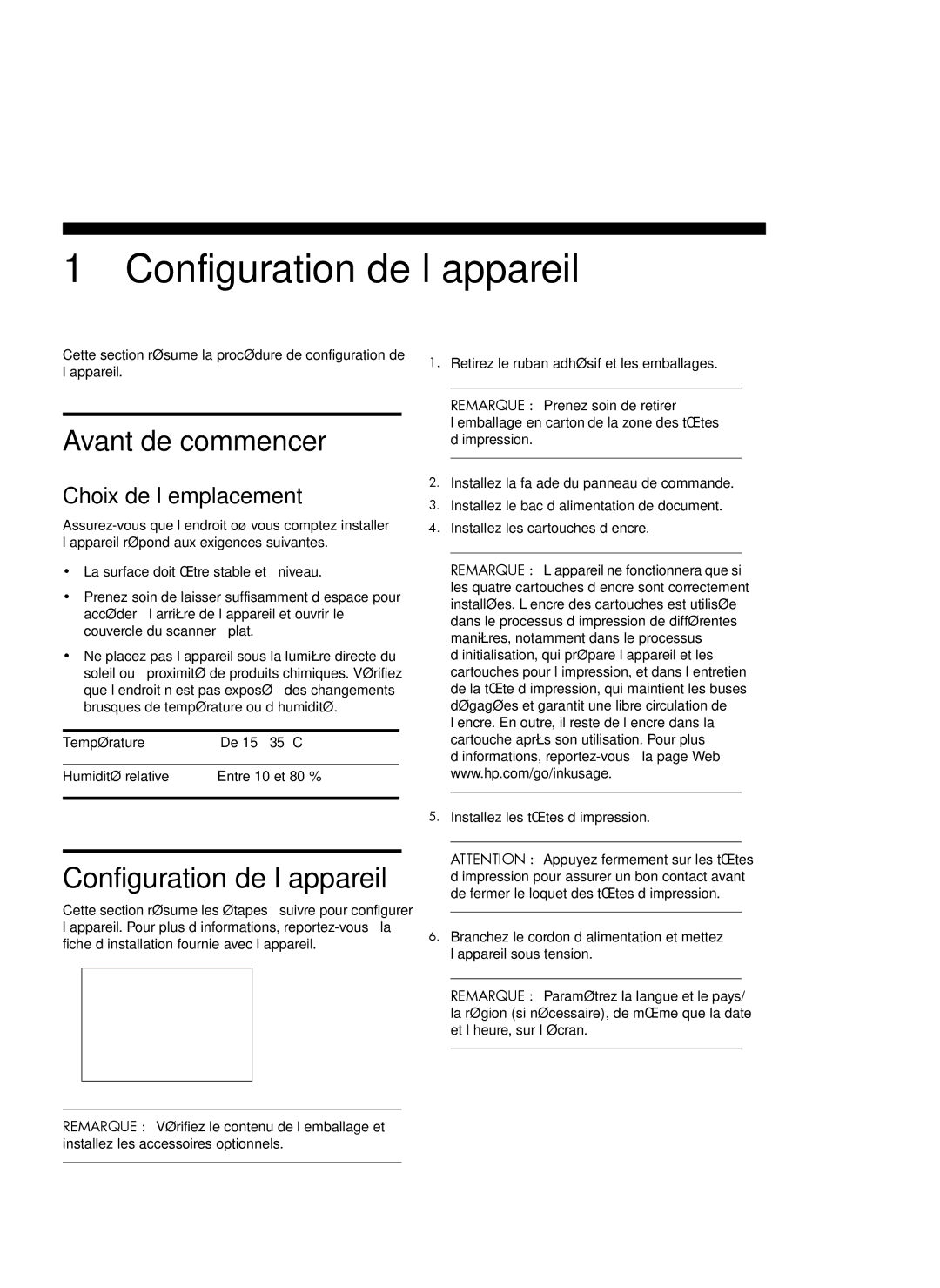 HP Pro L7680, Pro L7750, Pro L7650, Pro L7580 manual Configuration de l’appareil, Avant de commencer, Choix de l’emplacement 