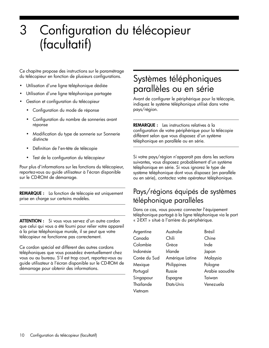 HP Pro L7650, Pro L7750 Configuration du télécopieur facultatif, Pays/régions équipés de systèmes téléphonique parallèles 