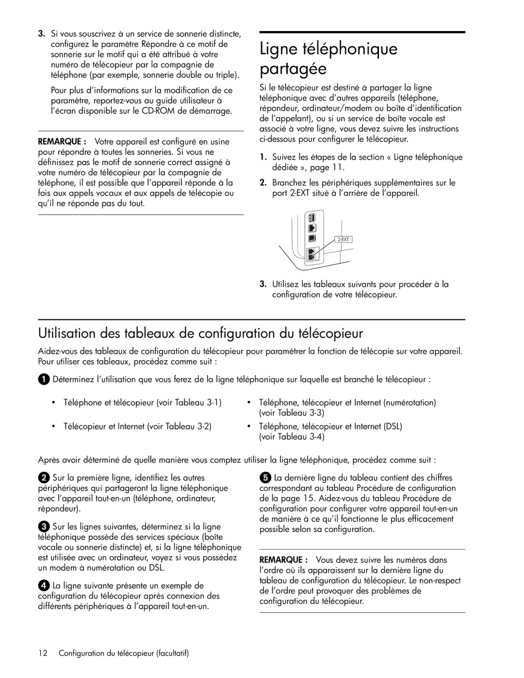 HP Pro L7780, Pro L7750, Pro L7680 Ligne téléphonique partagée, Utilisation des tableaux de configuration du télécopieur 