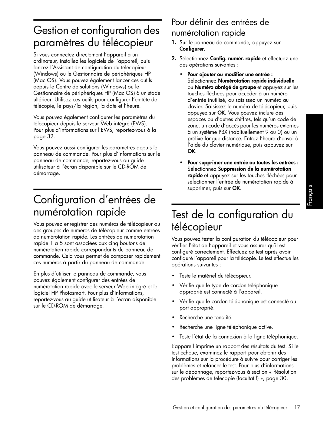 HP Pro L7650, Pro L7750, Pro L7680 Configuration d’entrées de numérotation rapide, Test de la configuration du télécopieur 