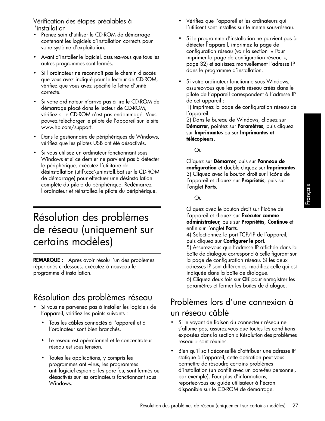 HP Pro L7550, Pro L7750, Pro L7680 manual Résolution des problèmes réseau, Problèmes lors d’une connexion à un réseau câblé 