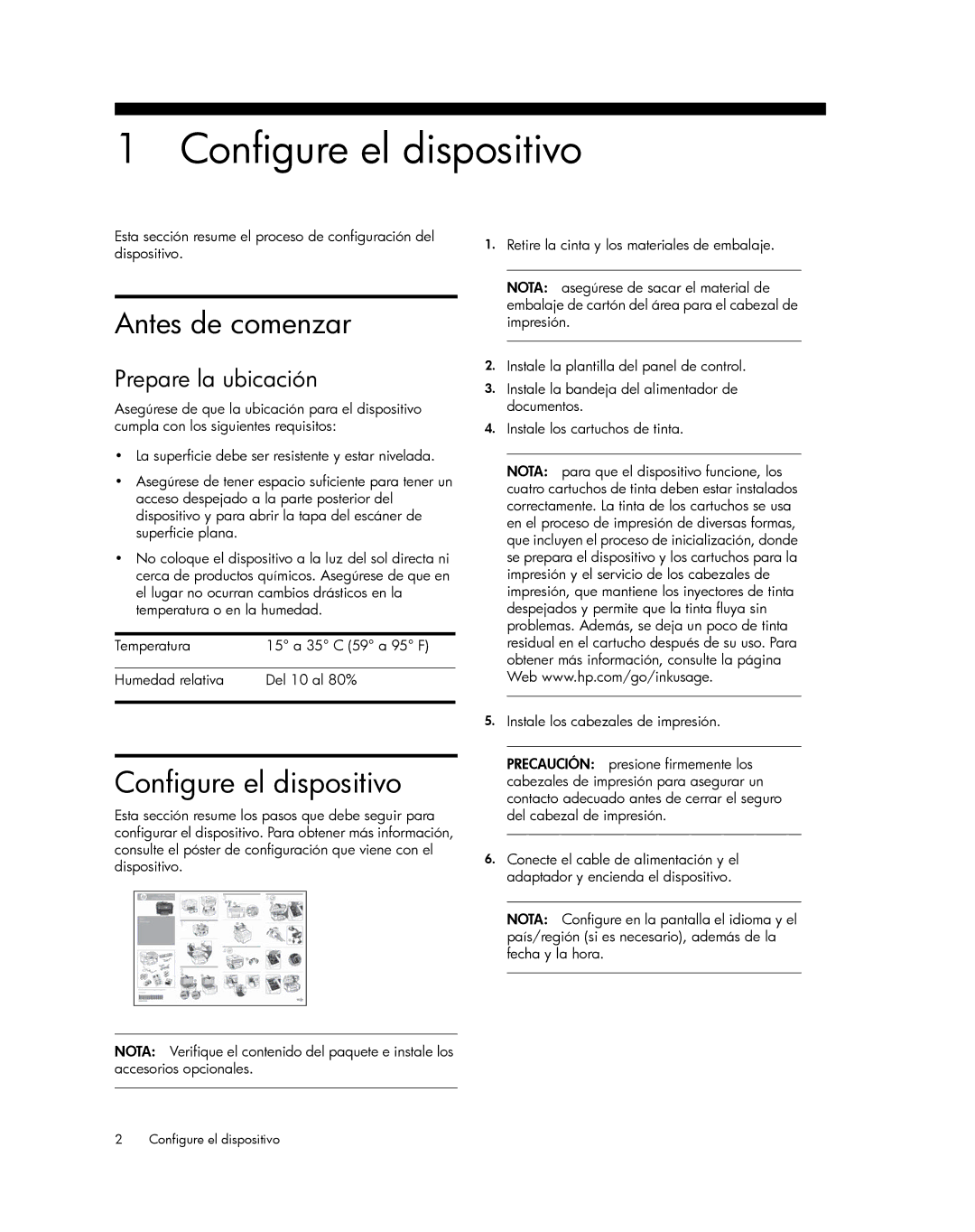 HP Pro L7750, Pro L7680, Pro L7650, Pro L7580, Pro L7780 Configure el dispositivo, Antes de comenzar, Prepare la ubicación 