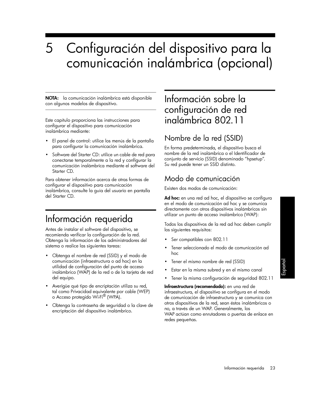 HP Pro L7750, Pro L7680 Información sobre la configuración de red inalámbrica, Nombre de la red Ssid, Modo de comunicación 