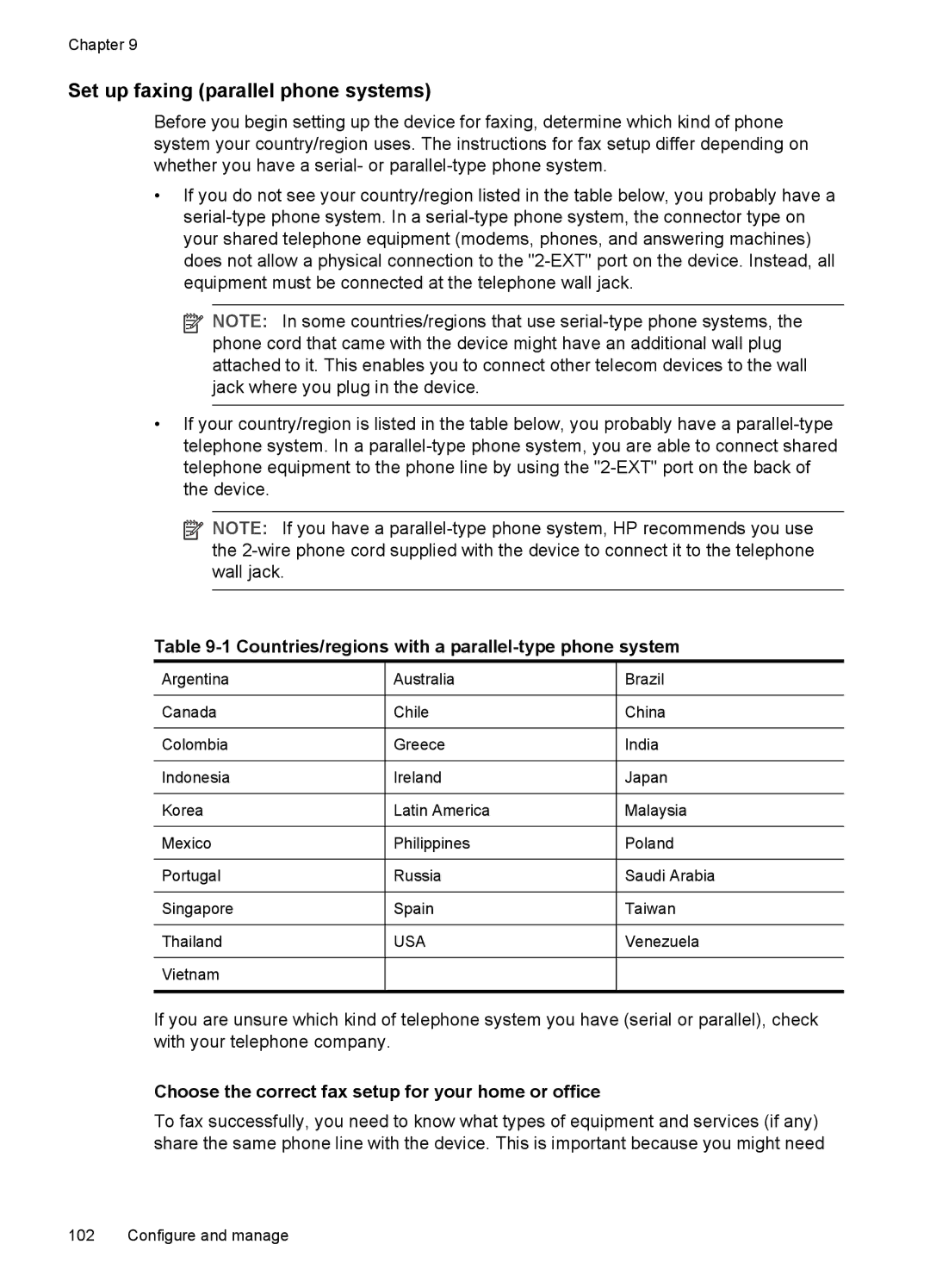 HP Pro L7650, Pro L7750 manual Set up faxing parallel phone systems, Countries/regions with a parallel-type phone system 