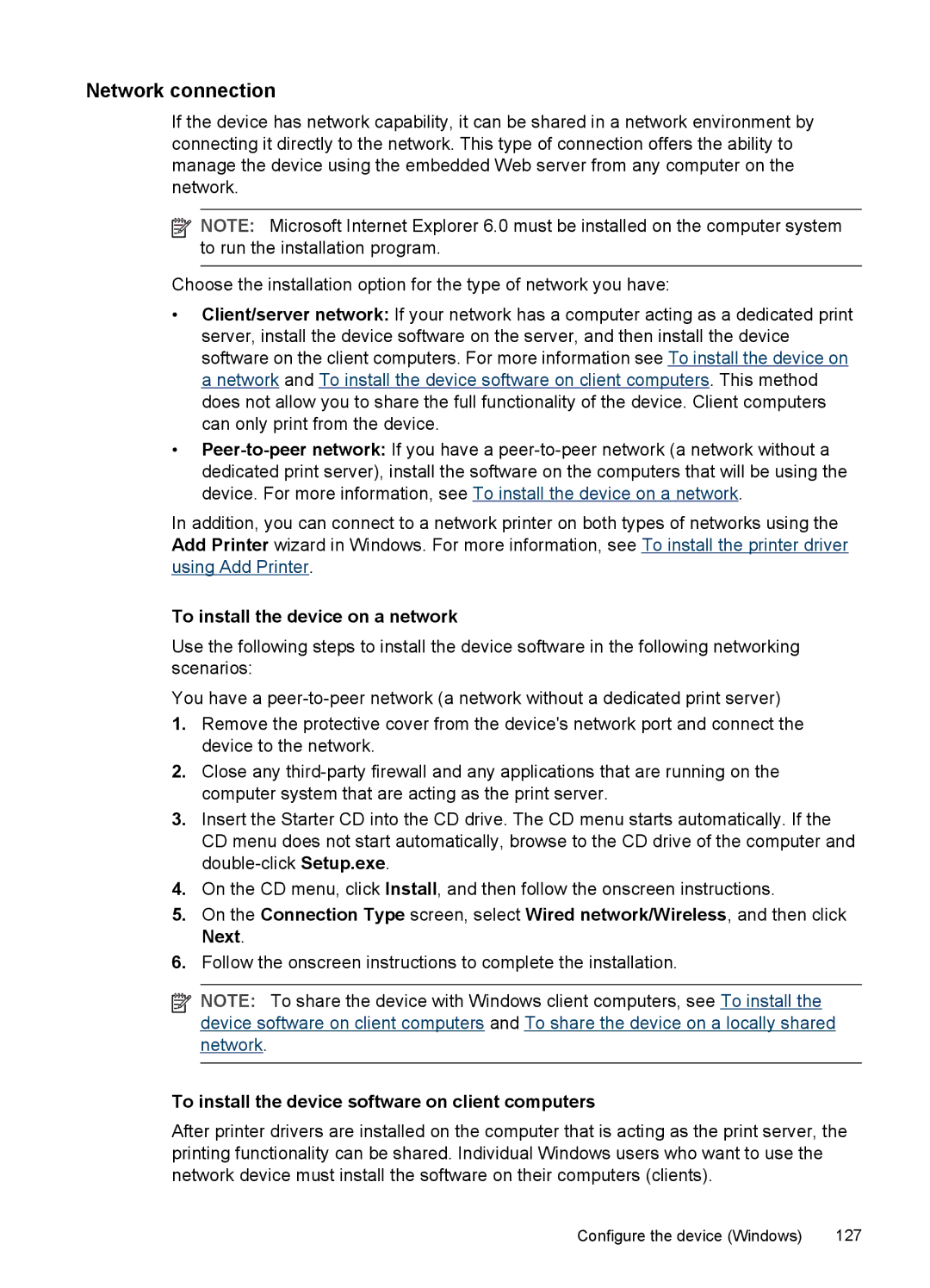 HP Pro L7580 Network connection, To install the device on a network, To install the device software on client computers 