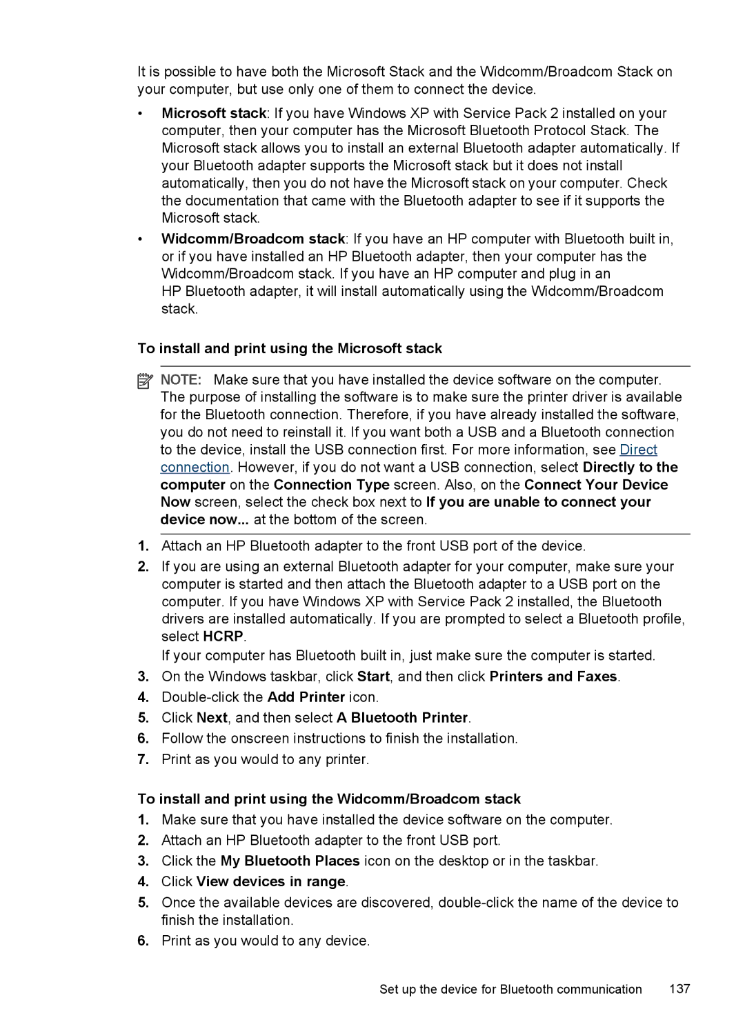 HP Pro L7555 manual To install and print using the Microsoft stack, To install and print using the Widcomm/Broadcom stack 