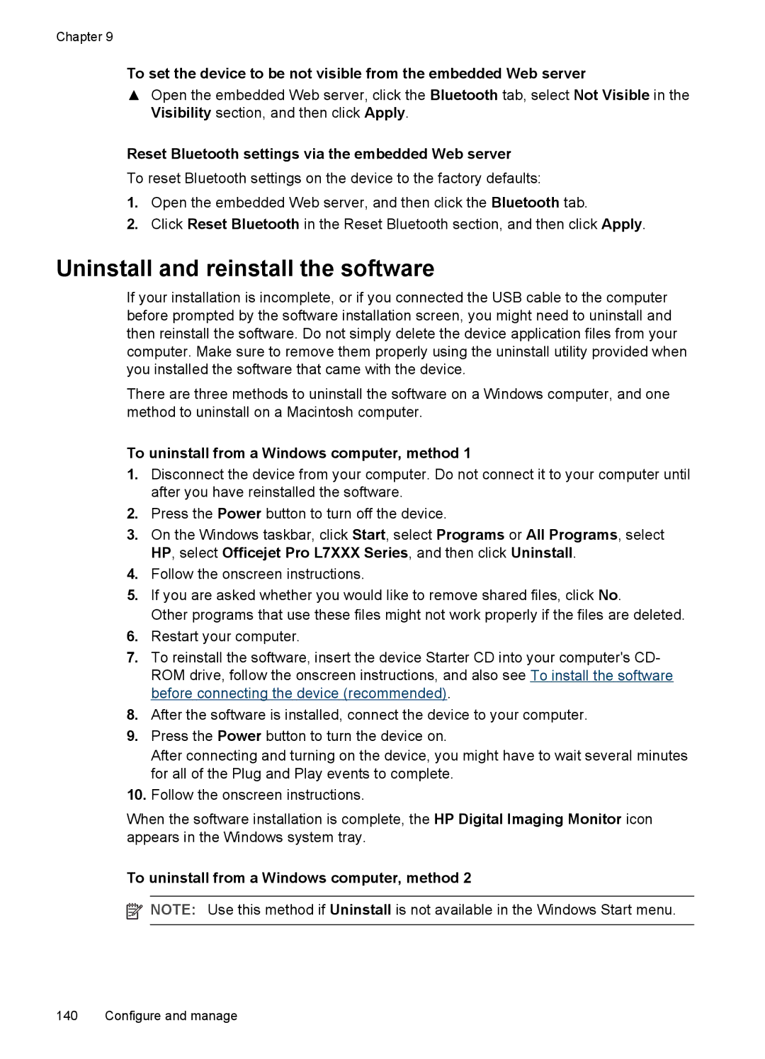 HP Pro L7750, Pro L7680 manual Uninstall and reinstall the software, Reset Bluetooth settings via the embedded Web server 