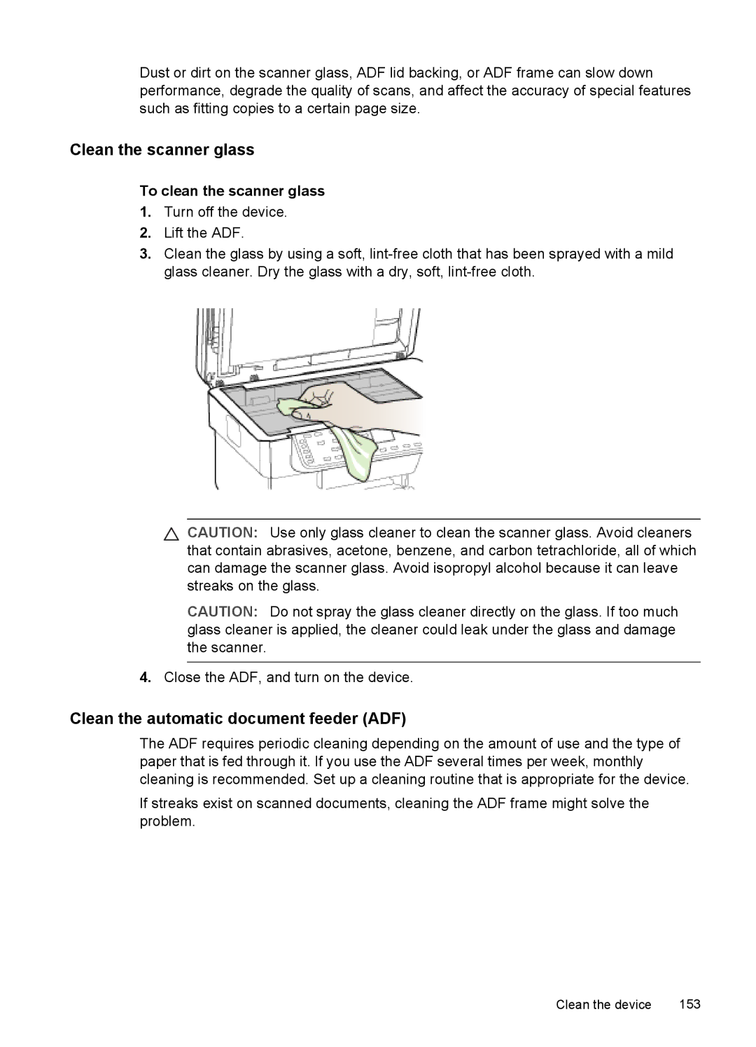 HP Pro L7555, Pro L7750 manual Clean the scanner glass, Clean the automatic document feeder ADF, To clean the scanner glass 