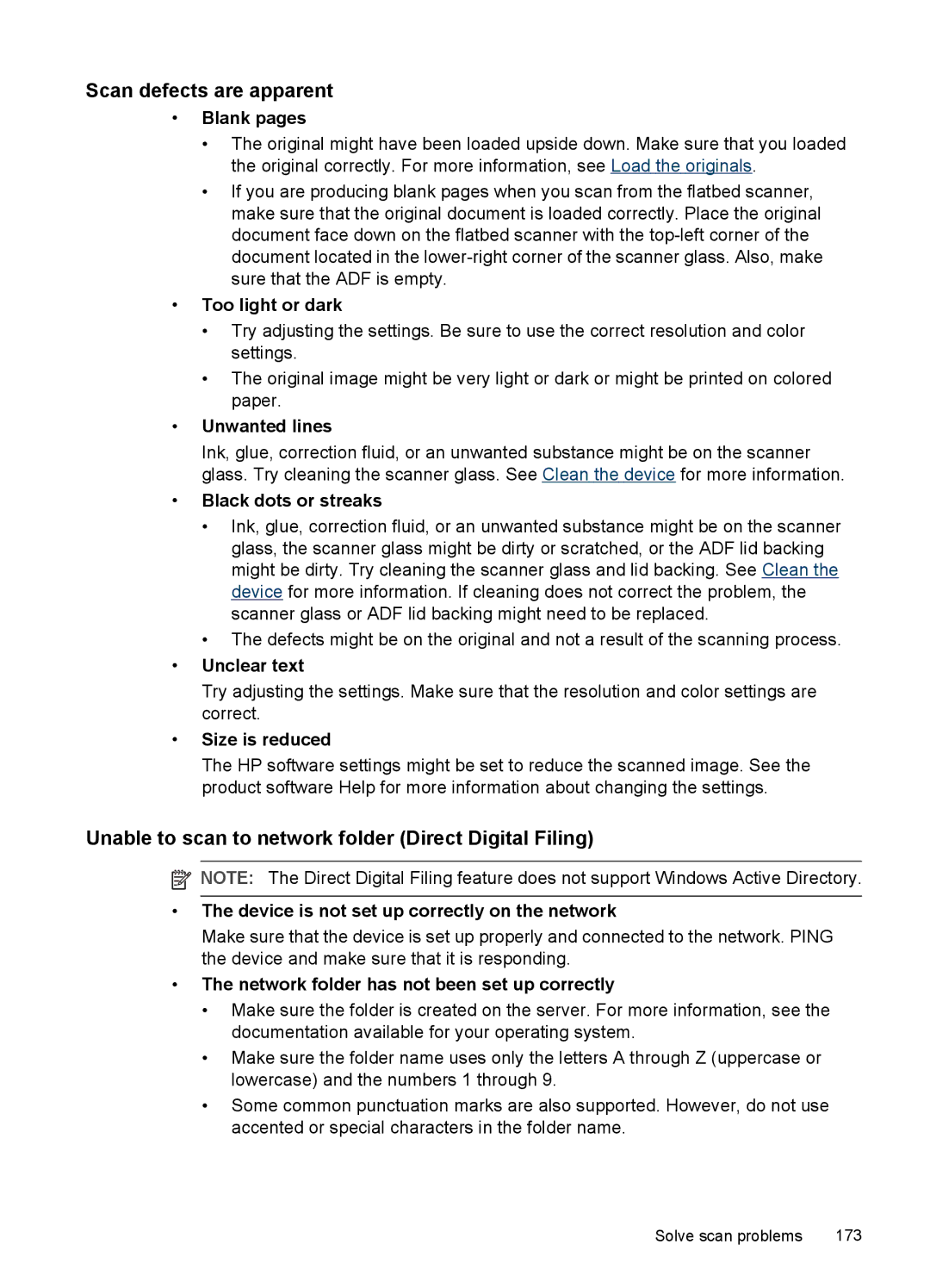 HP Pro L7680, Pro L7750, Pro L7650 manual Scan defects are apparent, Unable to scan to network folder Direct Digital Filing 